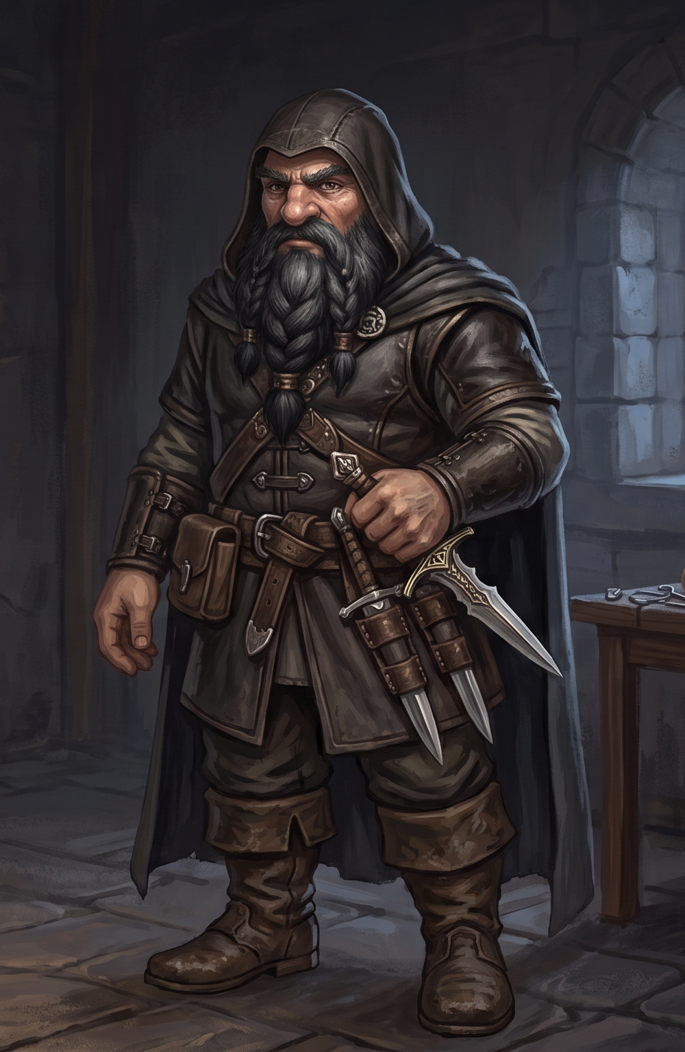 Hooded dwarven rogue with a braided black beard, dark cloak, leather armor, and several blades at his belt.