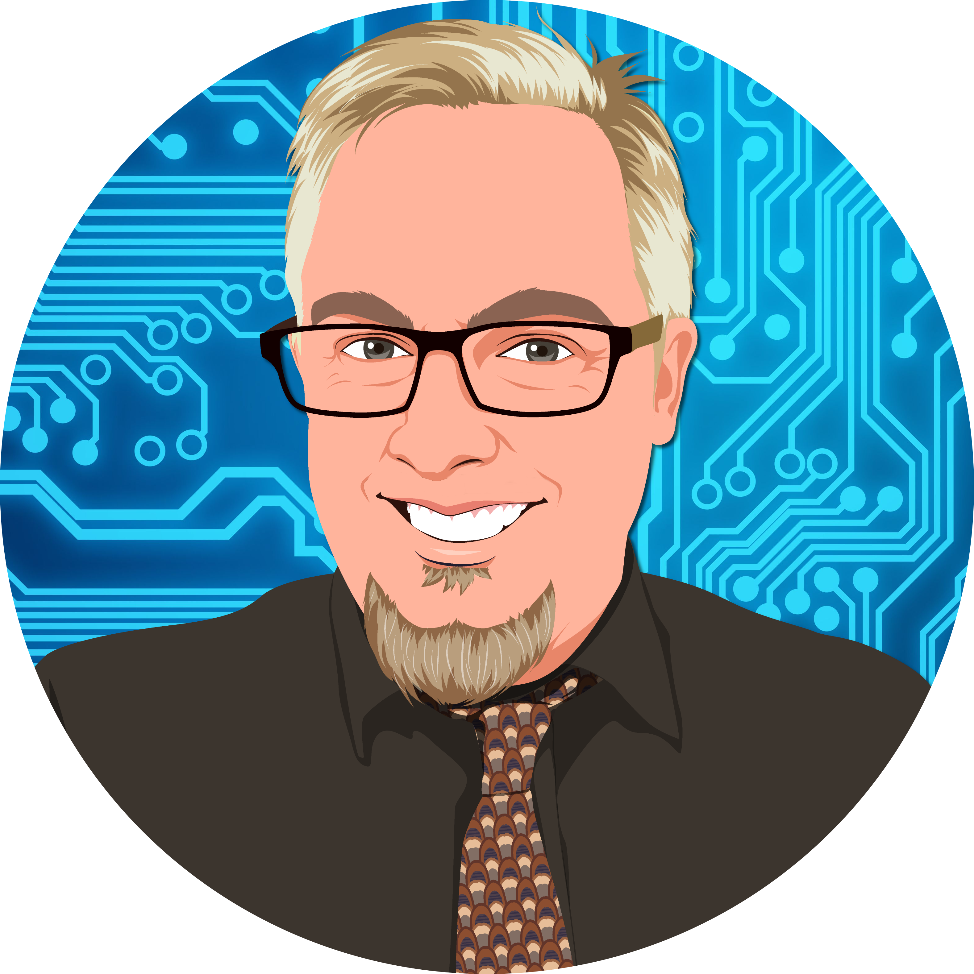 Cartoonized portrait of Lucas Gillispie with circuit-inspired styling.