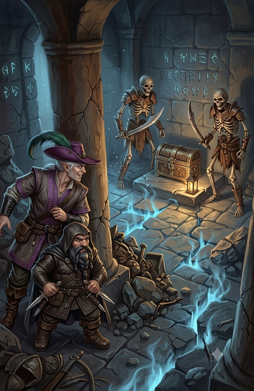 Tavian and Flint exploring a ruined dungeon with skeleton guards, glowing blue magic, runes, and a treasure chest.