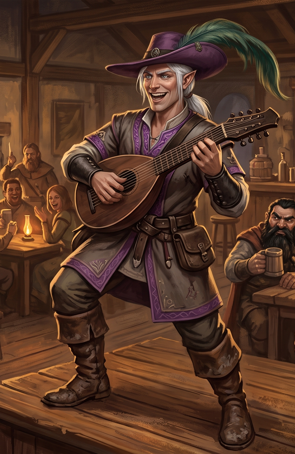 Half-elf bard with white hair, a purple wide-brimmed hat, green plume, and lute performing in a tavern.